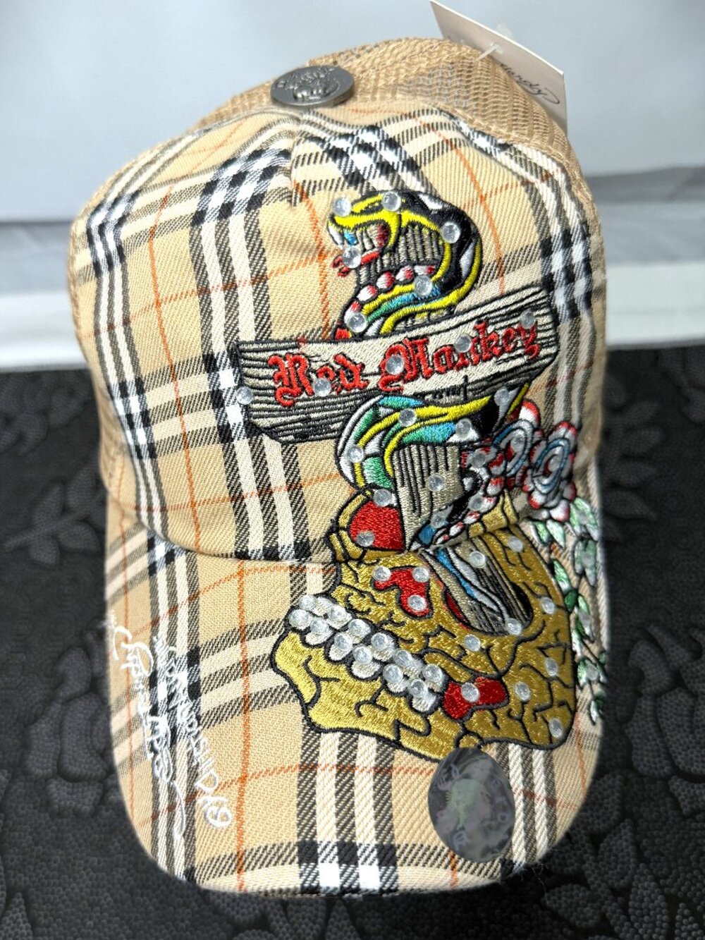 Ed Hardy Red Monkey Burberry Plaid Rhinestone Trucker Hat Snapback NWT